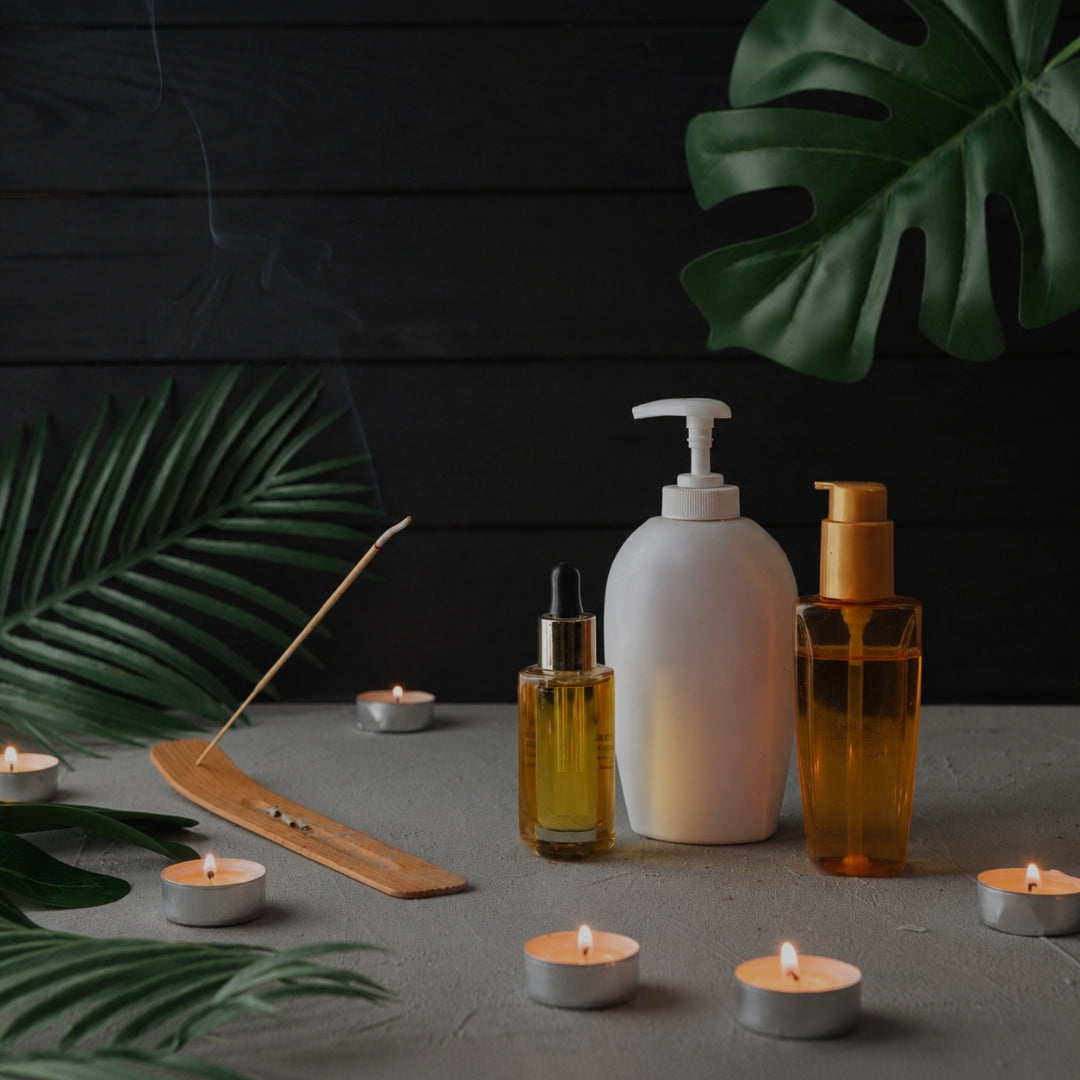 A styled product arrangement on a gray surface against a dark wood background, featuring a white pump bottle, a small amber dropper bottle, a larger amber bottle with a gold pump, a wooden incense stick on a tray, and several lit tealight candles. Green tropical leaves frame the scene.
