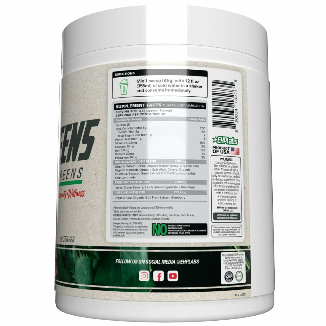 BestBy10/25 EHP Labs OxyGreens Super Greens Powder 30 Serve Strawberry Margarita