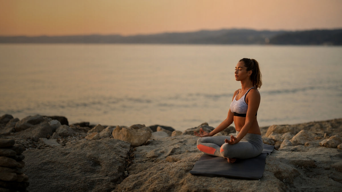 A woman in athletic wear sits cross-legged on a yoga mat on a rocky shoreline, meditating with the ocean and a warm sunset sky in the background.
