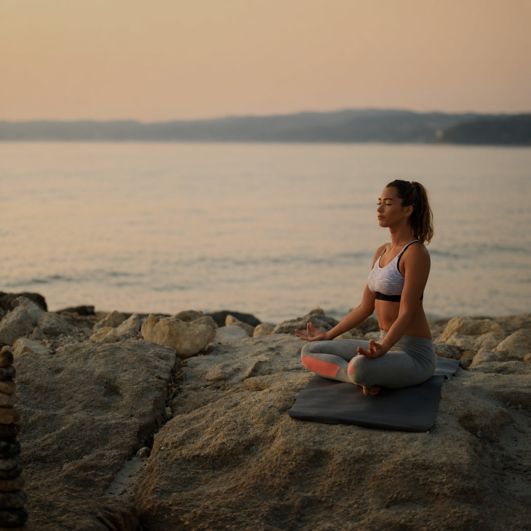 A woman in athletic wear sits cross-legged on a yoga mat on a rocky shoreline, meditating with the ocean and a warm sunset sky in the background.