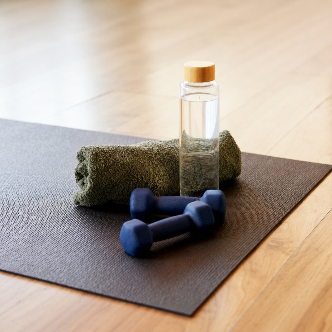 A yoga mat on a light wood floor with a rolled olive green towel, a clear water bottle with a wooden cap, and two blue dumbbells.
